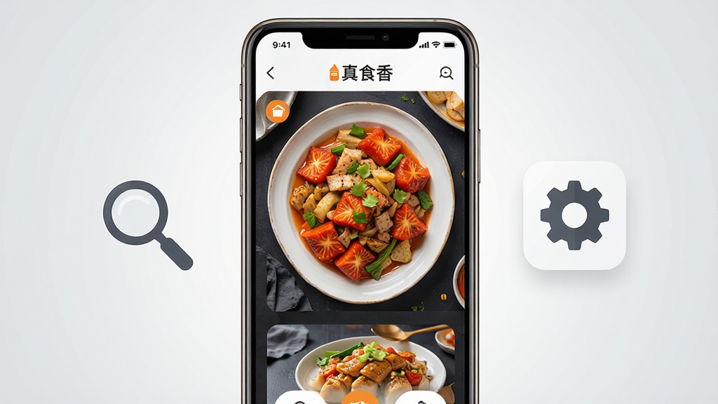 真食香手机端操作示意图,画面主体为一部竖屏智能手机,屏幕上显示真食香的烹饪关卡界面,布局手机两侧漂浮着放大镜和齿轮图标代表设置与搜索功能,排版采用居中构图,风格为扁平化科技感UI,细节包括手机边框的金属质感、屏幕中菜肴的诱人色泽、背景为浅灰色渐变,画质高清、画面干净、无多余文字元素