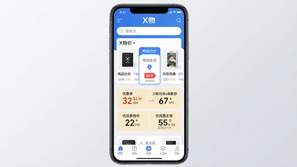一张展示X物应用主界面的手机屏幕预览图,画面中央是X物APP的首页布局,顶部有搜索栏,中部展示商品比价卡片和优惠券信息,底部是导航菜单,整体采用蓝白配色,风格简洁现代,背景为浅灰色渐变,画质清晰干净,无多余元素,屏幕中可带有“X物”文字标识