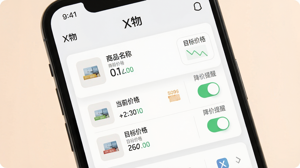 一张展示价格监控功能的手机界面图,画面中手机屏幕显示X物的价格监控列表,包含商品名称、当前价格、目标价格和降价提醒开关,界面采用卡片式布局,配色清爽,背景为柔和浅色,画质干净,屏幕中带有“X物”文字