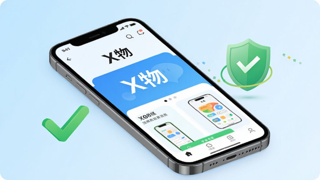 一张展示X物应用在手机上运行流畅的示意图,画面中手机屏幕显示X物首页,旁边有绿色对勾和盾牌图标表示安全流畅,背景为浅蓝色渐变,风格简洁明快,画质清晰干净,屏幕中带有“X物”文字