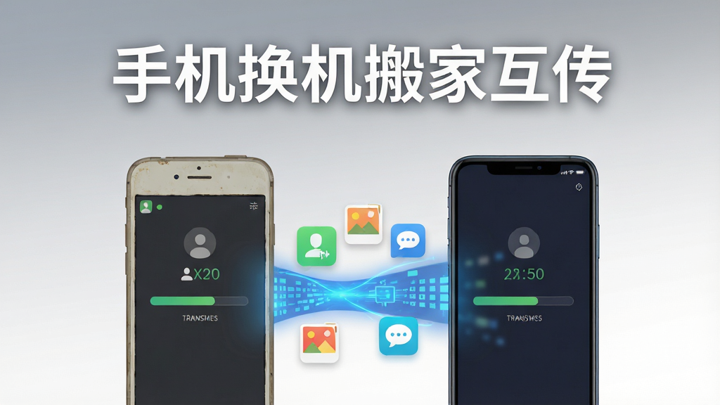画面主体是一部旧手机和一部新手机并排摆放,中间由一道发光的蓝色数据流连接,数据流中漂浮着通讯录、相册、聊天气泡等图标。布局采用左右对称的横向构图,背景为干净的浅灰到白色的渐变。排版上软件名称“手机换机搬家互传”以粗体白色字居中显示在画面上方。风格为扁平化科技插画,细节上手机屏幕显示正在传输的进度条,画质要求高清、干净、无多余元素。