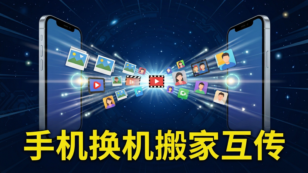 画面主体是两部手机屏幕相对,中间形成一道由光点组成的极速传输隧道,隧道中飞驰着照片、视频、联系人等彩色图标。布局为中心放射状构图,背景为深蓝色科技感星空。排版上在画面底部用亮黄色字体标注“手机换机搬家互传”字样。风格为动感光效插画,细节强调速度线与光晕,画质要求高清、干净、无多余元素。