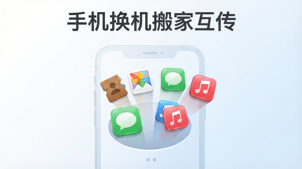 画面主体是一个半透明的智能手机界面,界面中整齐排列着通讯录、相册、短信、应用、音乐等多种数据图标,图标呈现出被吸入手机内部的动态效果。布局为居中俯视视角,背景为简洁的白色到浅蓝色渐变。排版上软件名称“手机换机搬家互传”以深灰色字体显示在画面顶部居中。风格为现代扁平化UI插画,细节上图标带有轻微的投影和光泽感,画质要求高清、干净、无多余元素。