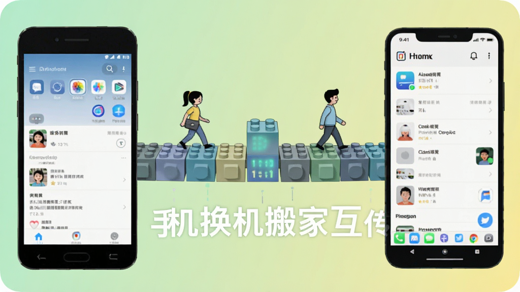 画面主体是左右两部不同品牌、不同系统界面的手机,中间由一座由数据块搭建的桥梁连接,桥梁上行走着代表数据的卡通小人。布局为左右对称的横向构图,背景为柔和的浅绿色到浅黄色渐变。排版上在桥梁下方用白色字体标注“手机换机搬家互传”。风格为卡通扁平插画,细节上桥梁带有积木拼接的质感,画质要求高清、干净、无多余元素。