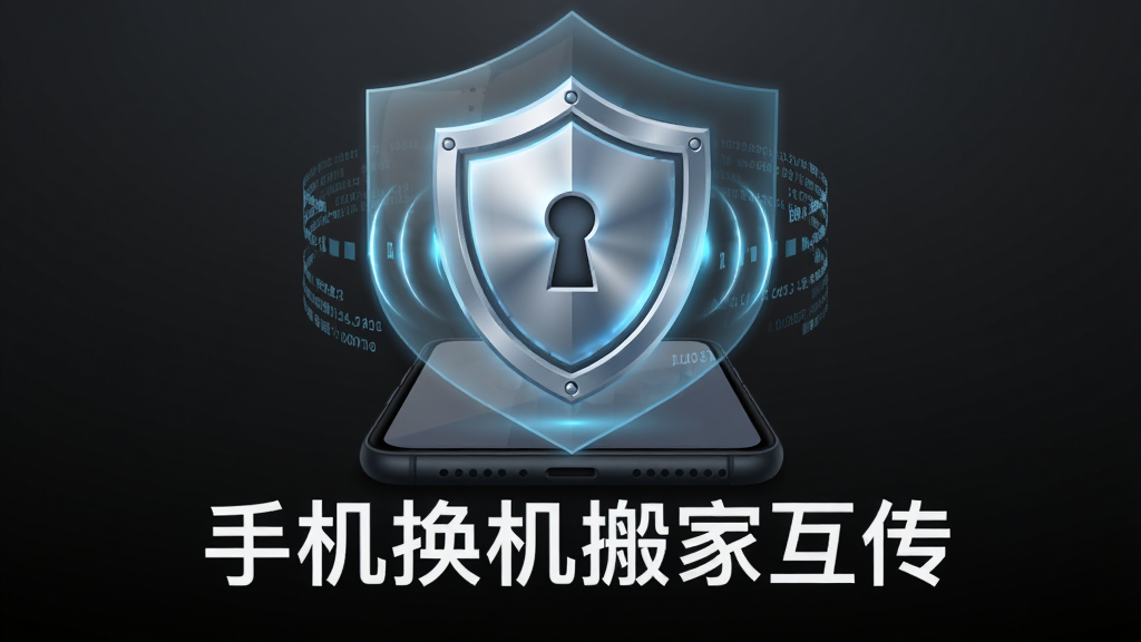 画面主体是一个发光的盾牌图标悬浮在手机屏幕上方,盾牌内部有锁孔图案,周围环绕着数据流形成的保护罩。布局为中心对称构图,背景为深灰色到黑色的渐变。排版上软件名称“手机换机搬家互传”以白色字体显示在盾牌正下方。风格为安全科技感插画,细节上盾牌带有金属光泽和能量波纹,画质要求高清、干净、无多余元素。