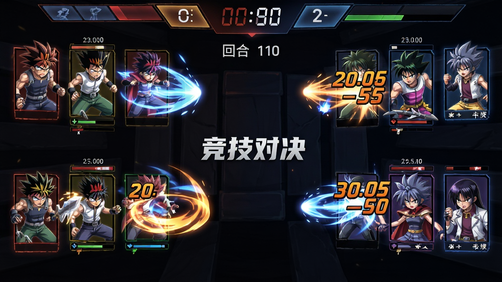 主体为幽游白书宿命觉醒PVP竞技场对战画面,布局为画面中央左右两侧分别展示双方队伍阵容,排版上方显示倒计时与回合数,风格为电竞对战界面风格,细节包含技能释放光效、血条变化、暴击数字飘动,画质高清干净无多余元素,画面中文字显示\