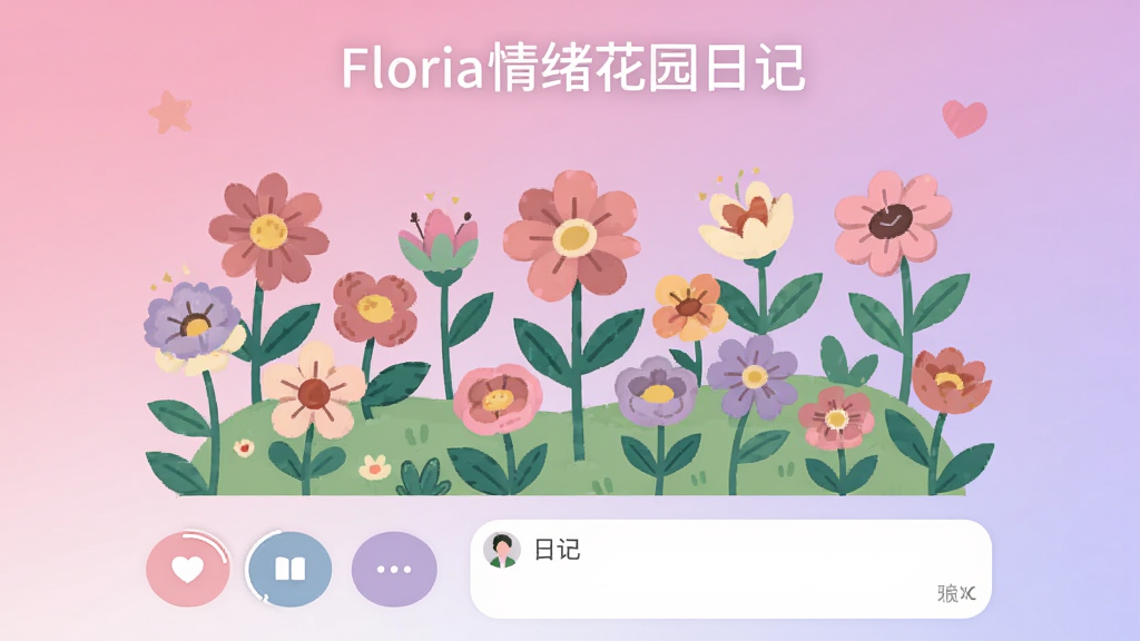 Floria情绪花园日记软件主界面截图,画面中央是一座由情绪花朵组成的花园,柔和粉紫色渐变背景,顶部显示软件名称“Floria情绪花园日记”,下方有心情选择按钮和日记输入框,整体风格治愈清新,插画扁平风,画质清晰干净,无多余元素