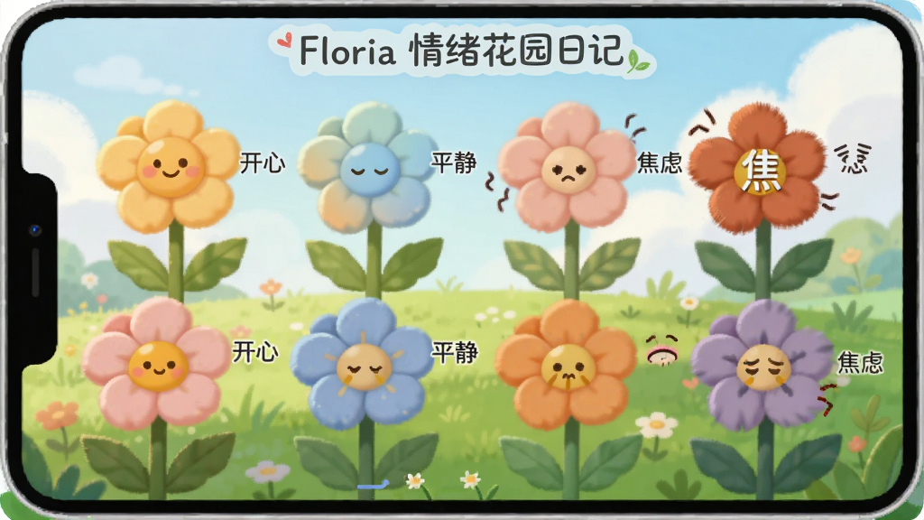 Floria情绪花园日记情绪花园界面,画面展示一座开满不同颜色花朵的虚拟花园,每朵花旁边标注对应情绪名称,如“开心”“平静”“焦虑”,背景是淡蓝色天空和绿色草地,插画风格清新温暖,画面中带有“Floria情绪花园日记”字样,画质干净无杂乱元素