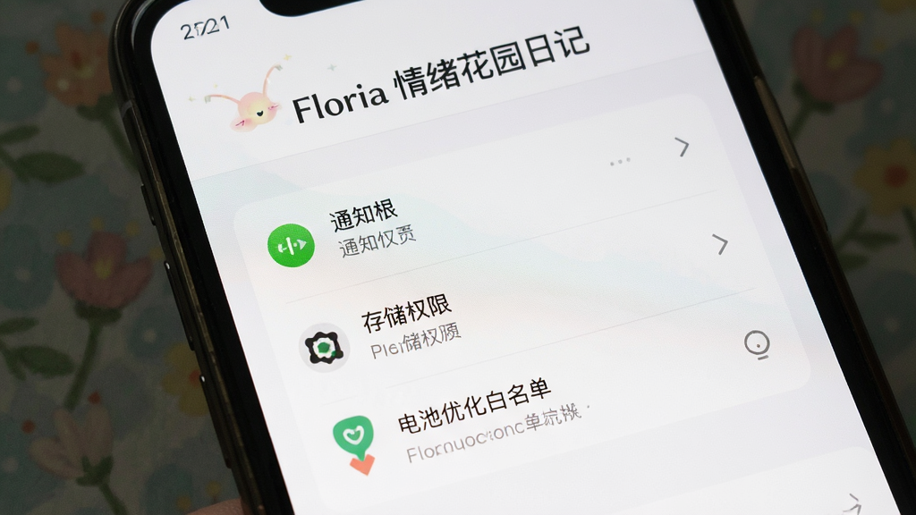 Floria情绪花园日记安装设置界面,画面展示手机屏幕上的权限设置页面,包括通知权限、存储权限、电池优化白名单等选项,界面风格简洁,带有“Floria情绪花园日记”文字标识,画质清晰,无多余元素