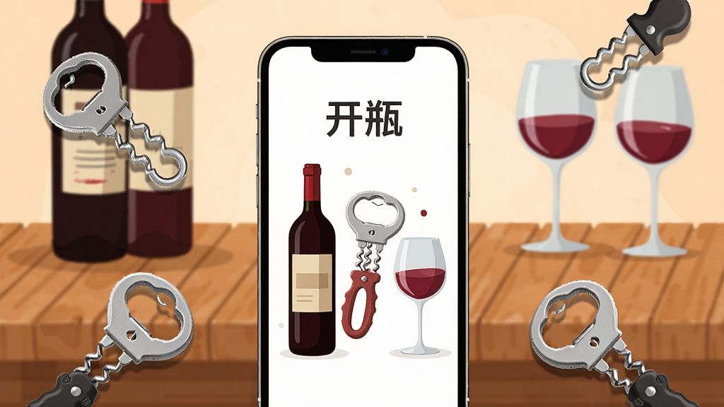 一幅以“开瓶”软件为主题的手机应用展示图,画面中央是一部竖屏智能手机,手机屏幕上显示“开瓶”软件的首页界面,界面中有红酒瓶、开瓶器和品酒杯的插画元素,手机周围散落着几个不同款式的开瓶器实物图,背景是温暖的木质餐桌,桌上有红酒瓶和两个高脚杯,整体布局采用居中对称构图,风格为现代简约插画风,细节包括手机屏幕上的“开瓶”文字标识、开瓶器金属质感、红酒液面反光,画质清晰,干净,无多余元素