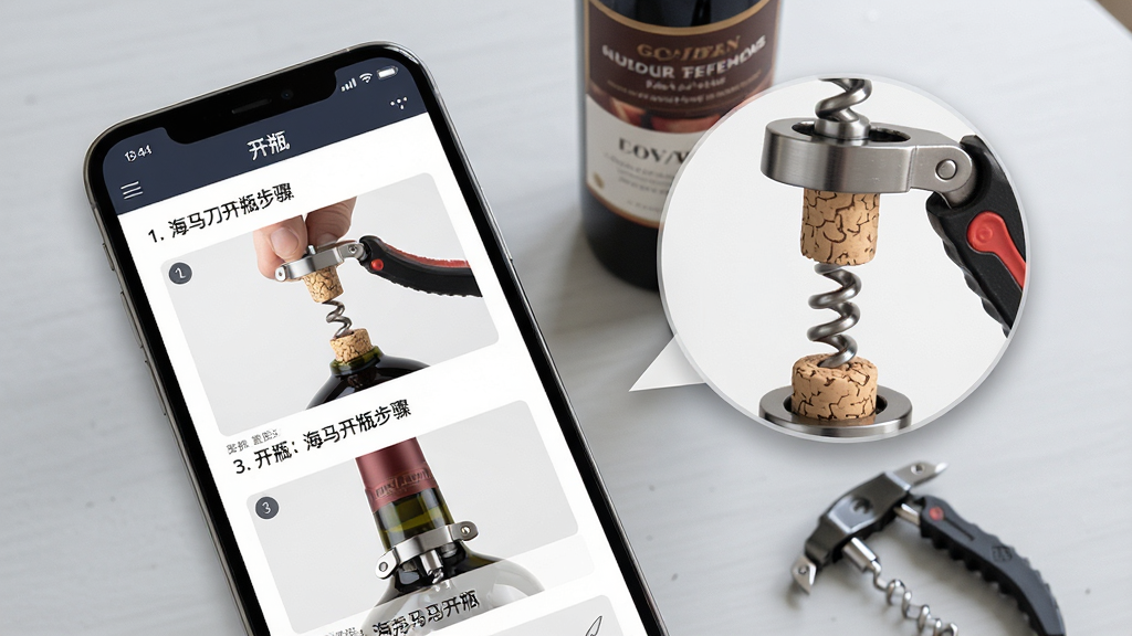一张以“开瓶”软件教程页面为主题的AI生图,画面主体是一部手机,手机屏幕显示“开瓶”软件中的海马刀开瓶步骤图文,屏幕右侧悬浮着放大的开瓶器操作特写,背景为浅灰色桌面,桌面上放置着一瓶红酒和一个海马刀开瓶器,布局采用左手机右特写的对角线构图,风格为写实产品展示风,细节包括手机屏幕上的步骤序号、开瓶器螺旋钻入软木塞的瞬间、红酒瓶身标签的模糊文字,画质高清,干净,无多余元素