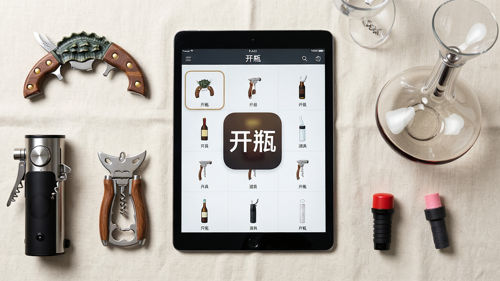 一幅展示“开瓶”软件酒具知识库的AI图片,画面采用平铺俯视布局,中央是一台平板电脑,屏幕上显示“开瓶”软件的酒具分类页面,平板周围整齐摆放着海马刀、蝶形开瓶器、电动开瓶器、醒酒器和真空酒塞等实物,背景为米白色亚麻桌布,风格为清新静物摄影风,细节包括平板屏幕上的“开瓶”图标、酒具的金属光泽与木质手柄纹理,画质细腻,干净,无多余元素