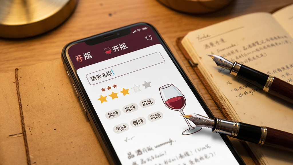一幅展示“开瓶”软件品酒笔记功能的AI图片,画面中央是一部手机,手机屏幕显示品酒笔记编辑界面,有酒款名称输入框、星级评分和风味标签,手机旁边放着一支钢笔和一本翻开的纸质笔记本,背景为暖色调书桌,风格为文艺手账风,细节包括手机屏幕上的“开瓶”软件logo、笔记页面中的红酒插图、钢笔的金属笔尖,画质清晰,干净,无多余元素