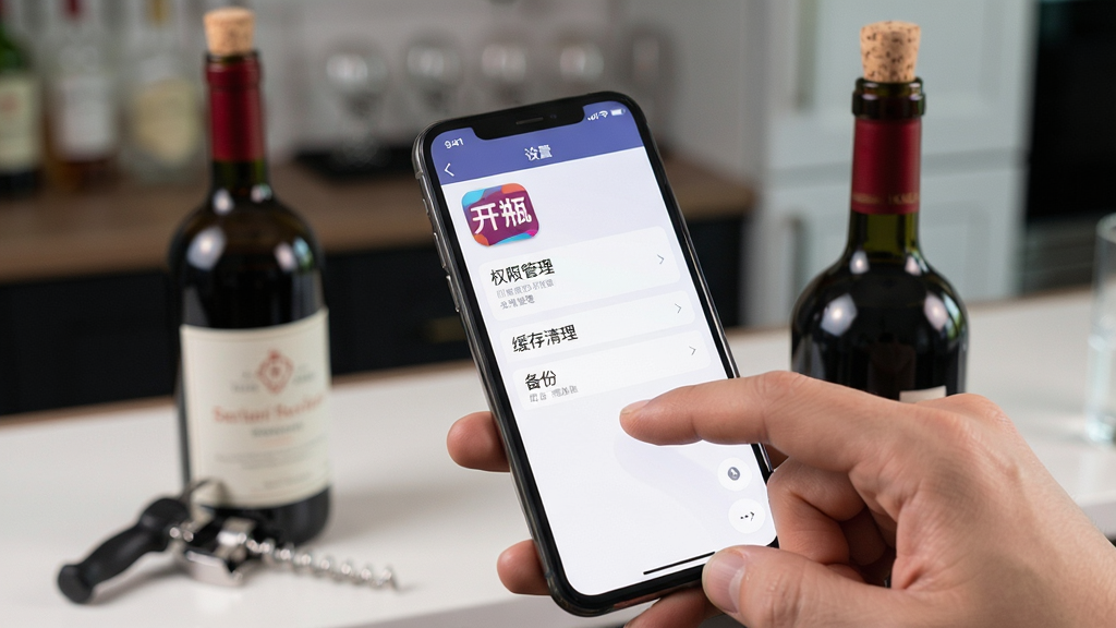 一张以“开瓶”软件移动端操作界面为主题的AI生图,画面主体是一只手拿着智能手机,手机屏幕显示“开瓶”软件的设置页面,页面中有权限管理、缓存清理和备份选项,背景是虚化的家庭吧台,吧台上有一瓶红酒和开瓶器,布局采用手持手机的特写构图,风格为现代生活写实风,细节包括手机屏幕上的“开瓶”软件图标、手指点击屏幕的动作、背景中红酒瓶的软木塞,画质清晰,干净,无多余元素