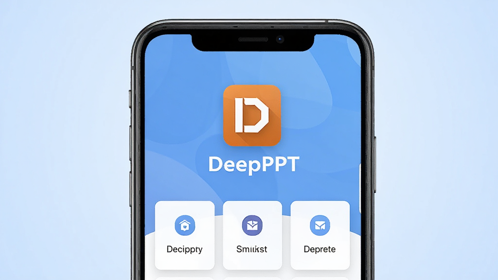 一张展示DeepPPT软件主界面的图片,画面中央是手机屏幕,屏幕内显示DeepPPT的LOGO和简洁的卡片式功能入口,背景为浅蓝色渐变,风格清爽商务,细节清晰,画质干净,无多余元素