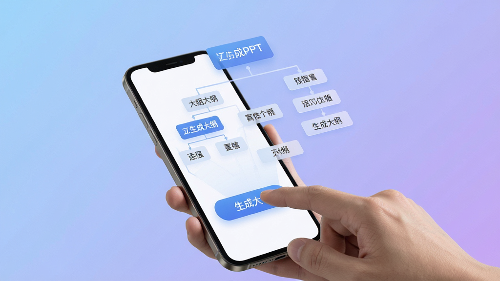 一张展示DeepPPT智能生成大纲过程的图片,画面中一只手在手机屏幕上点击“生成大纲”按钮,屏幕上方浮现出由文字块组成的结构图,背景为柔和的蓝紫渐变,风格科技简洁,画质清晰,无多余元素