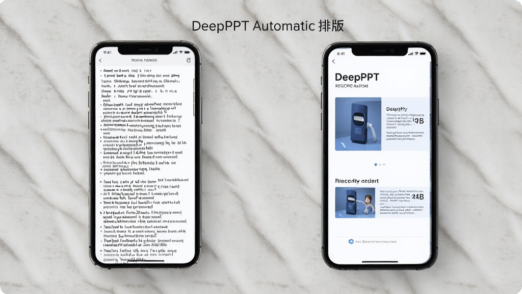 一张展示DeepPPT自动排版功能的图片,画面中手机屏幕显示前后对比效果,左侧为杂乱文本,右侧为排版精美的幻灯片,背景为浅灰质感,风格简约,画质清晰,无多余元素