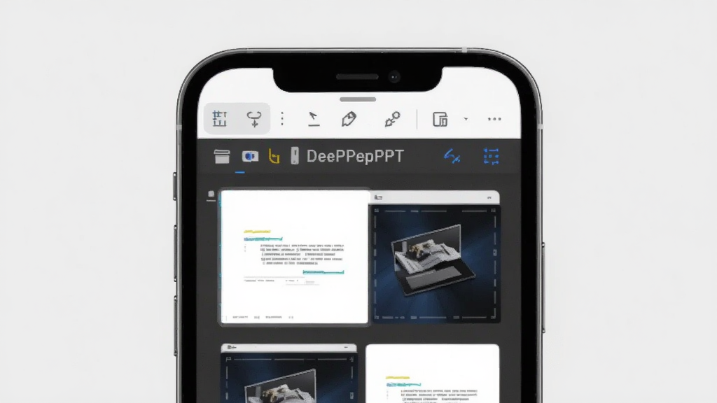 一张展示DeepPPT移动端操作界面的图片,手机屏幕内显示编辑工具栏和幻灯片缩略图,背景为浅灰色,风格简洁实用,画质清晰,无多余元素