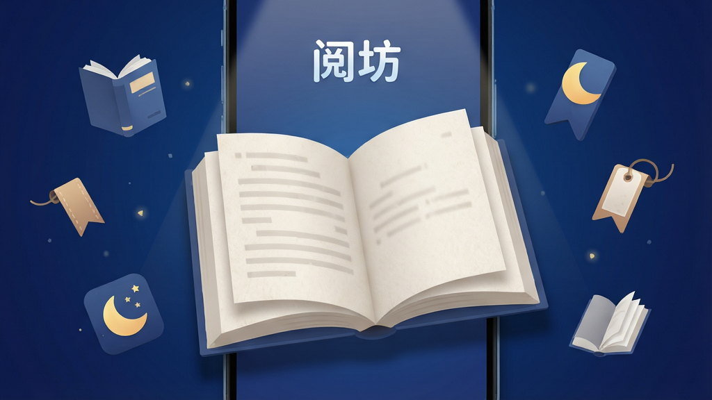 手机屏幕中央显示阅坊小说阅读界面,主体为一本翻开的电子书悬浮在深蓝色渐变背景上,布局采用居中构图,上方有“阅坊”文字标识,周围环绕漂浮的书本、书签、夜间模式月亮图标等元素,排版简洁清晰,风格为现代扁平化科技感,细节包括柔和的阅读灯光投影和细腻的纸张纹理,画质高清干净,无多余元素