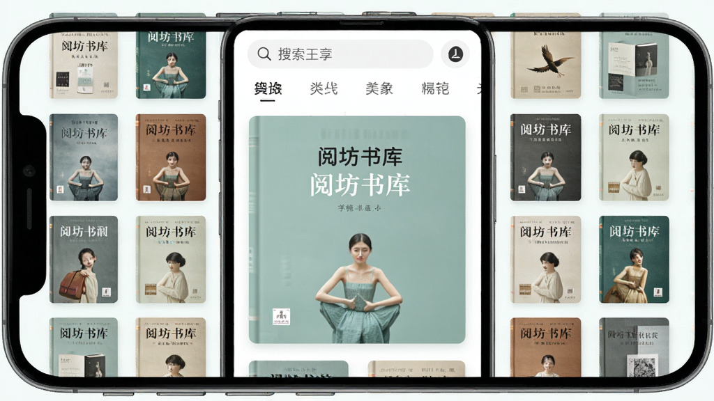 AI生成一张展示阅坊书库界面的图片,主体为手机屏幕中呈现网格状书籍封面墙,布局为中央大图加四周环绕小图,排版整齐有序,风格为清新浅色系,细节包括每本书封面清晰可见、顶部搜索框和分类标签,画质高清干净,无多余元素