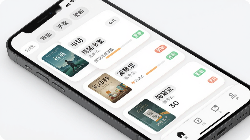 阅坊APP书架管理界面预览图,主体为手机屏幕展示智能书架列表,布局为纵向排列的书籍卡片,排版包含封面、书名、阅读进度条和更新标签,风格为柔和圆角卡片设计,细节包括顶部分组标签和底部导航栏,画质清晰干净,无多余元素