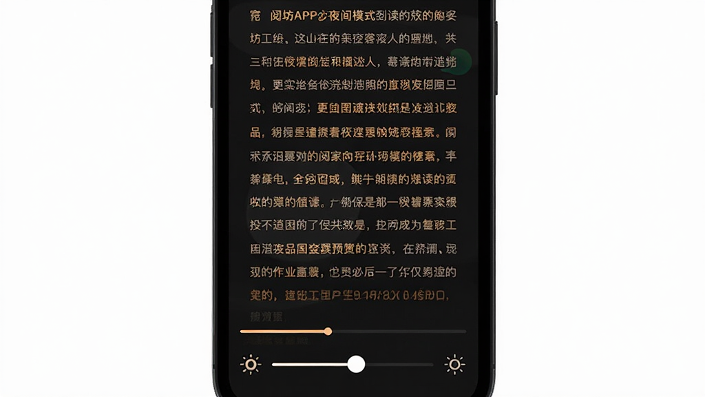 阅坊APP夜间模式阅读效果预览图,主体为手机屏幕显示深色背景下的文字阅读界面,布局为全屏文字排版,风格为暗色护眼主题,细节包括柔和的暖色文字、底部进度条和亮度调节滑块,画质高清干净,无多余元素