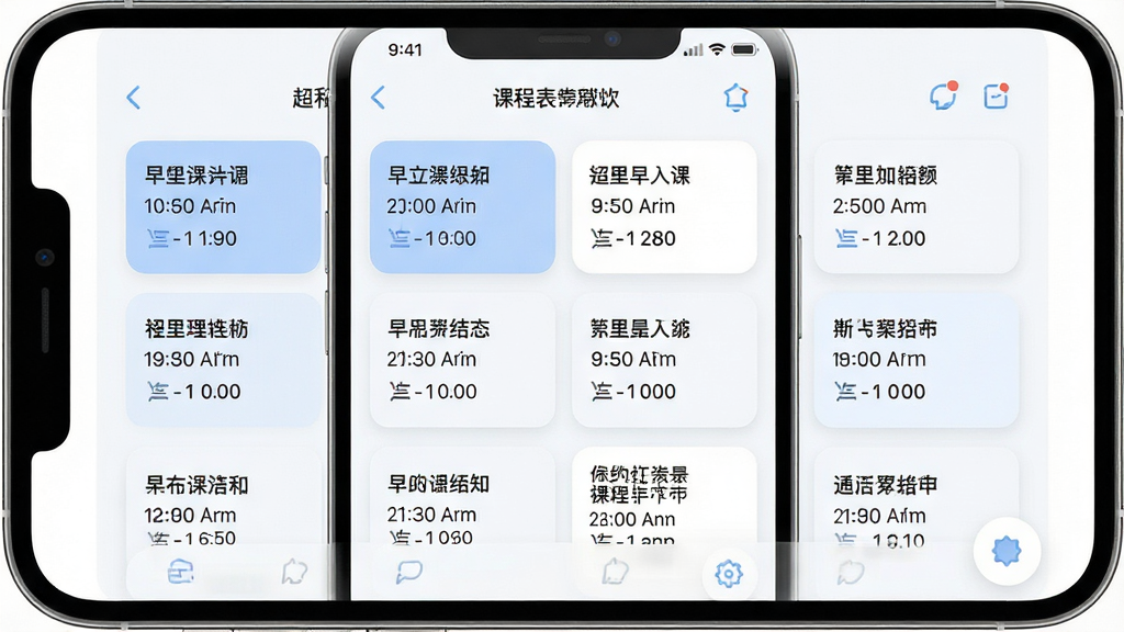 一张展示超级早八课程表软件界面的手机屏幕截图,主体为整洁的周课表视图,布局采用网格排列,排版清晰展示课程名称、时间与教室,风格为现代简约扁平化设计,细节包含柔和的蓝白配色与圆角卡片,画质高清,画面干净,无多余元素