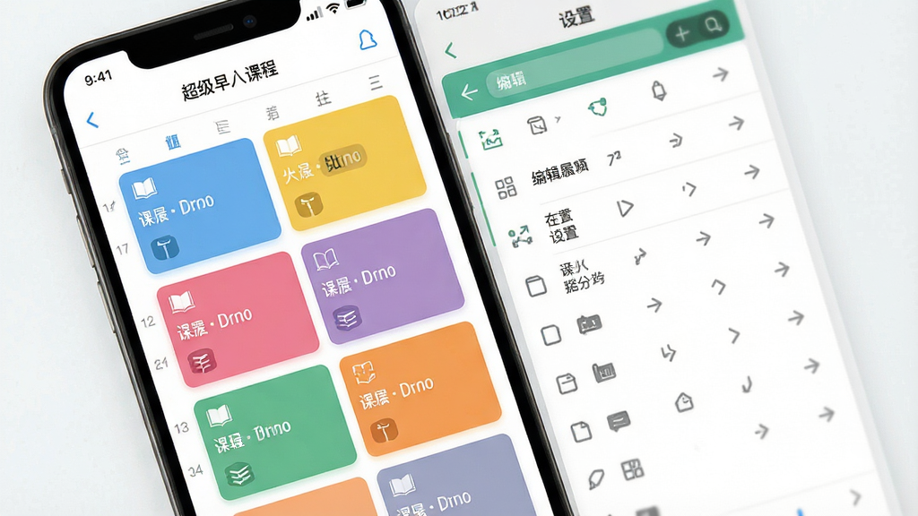 一张超级早八课程表功能展示图,主体为手机屏幕中显示彩色课程卡片与编辑面板,布局为左侧课表右侧设置项,排版错落有致,风格为清新校园风,细节包含不同颜色的课程色块与简洁的图标,画质清晰,画面干净,无多余元素