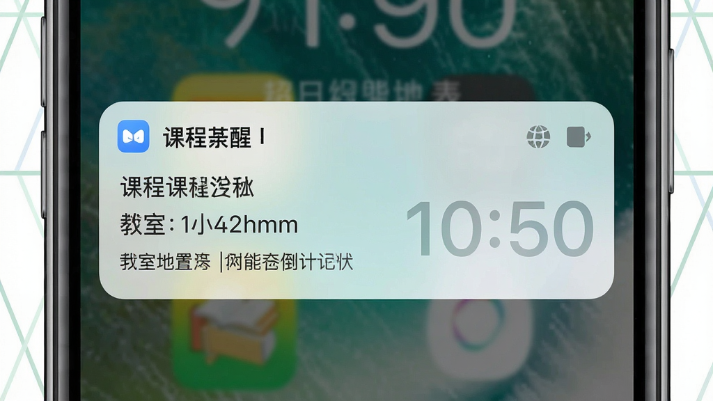 一张超级早八课程表提醒功能示意图,主体为手机锁屏界面弹出课程提醒通知,布局为通知卡片居中显示,排版简洁,风格为写实手机UI风格,细节包含课程名称、教室位置与倒计时数字,画质高清,画面干净,无多余元素