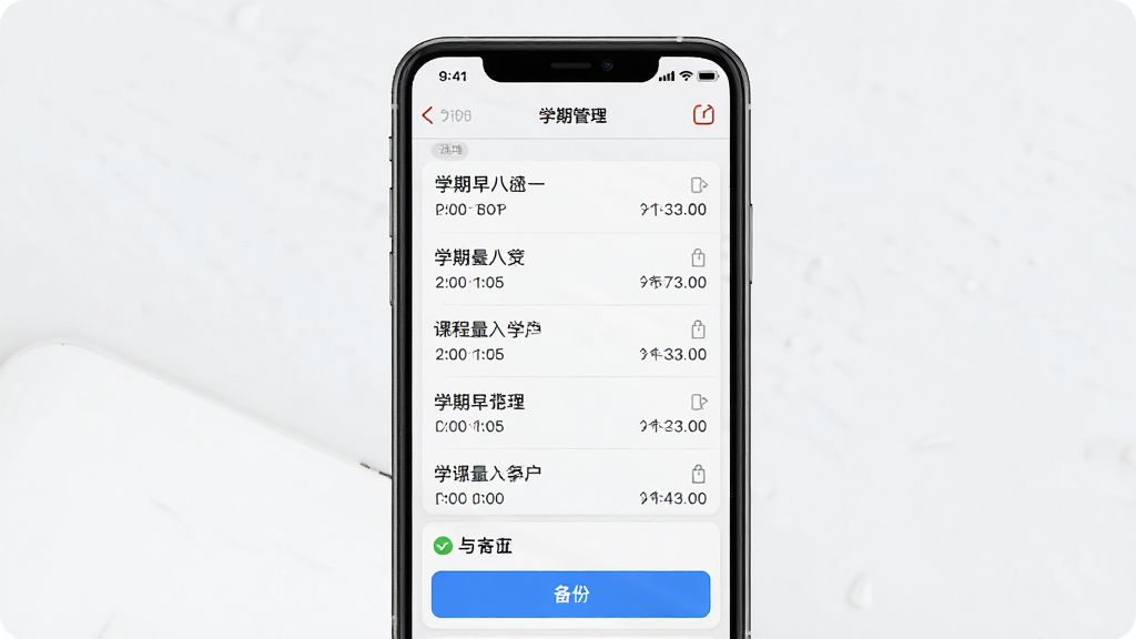 一张超级早八课程表多学期管理界面图,主体为手机屏幕显示学期列表与备份选项,布局为纵向列表排列,排版规整,风格为极简工具风,细节包含学期名称、课程数量与备份时间戳,画质清晰,画面干净,无多余元素