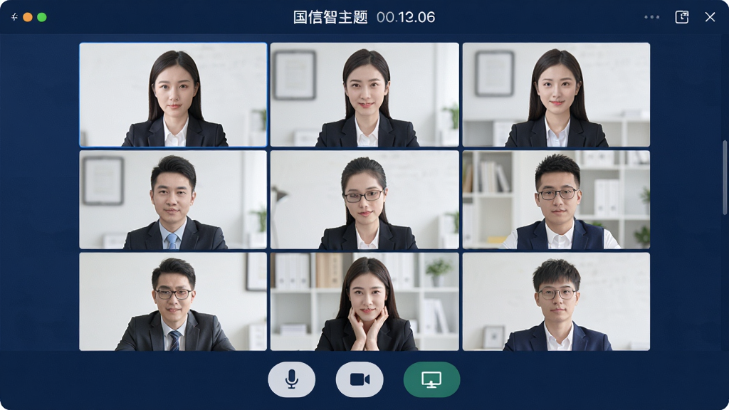 一张展示国信智会移动端视频会议界面的预览图,画面中央为九宫格参会者视频窗口,底部有麦克风、摄像头、共享屏幕等控制按钮,顶部显示会议主题与时长,整体采用深蓝色商务风格,界面干净整洁,无多余元素,画质清晰,细节丰富,适合作为软件下载页头图。