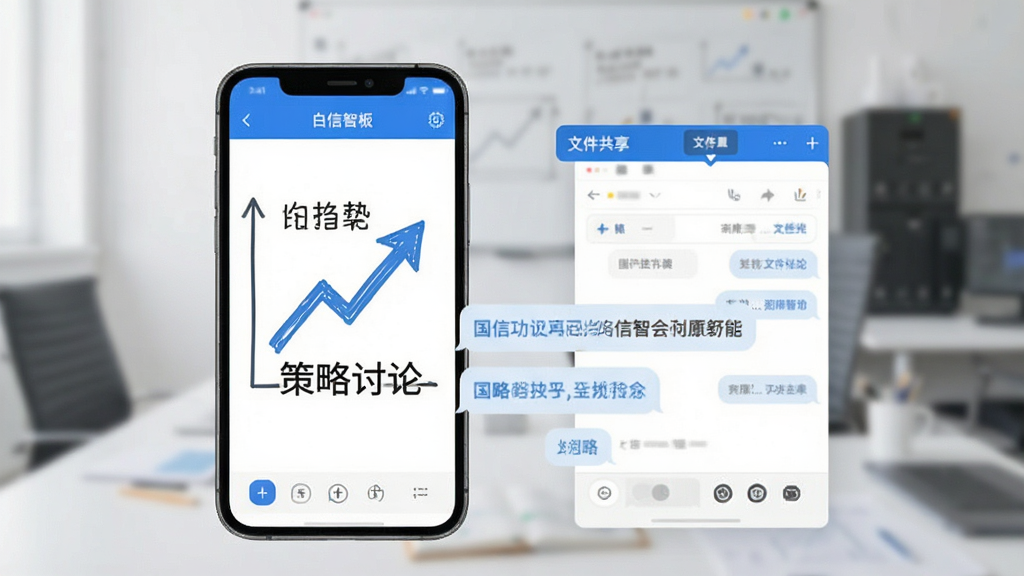 国信智会协作功能界面图,展示手机屏幕上同时打开的白板标注与文件共享窗口,白板上画有上升趋势的箭头与“策略讨论”字样,旁边悬浮着聊天对话框,整体采用扁平化设计风格,颜色以蓝白为主,细节清晰,画质干净。