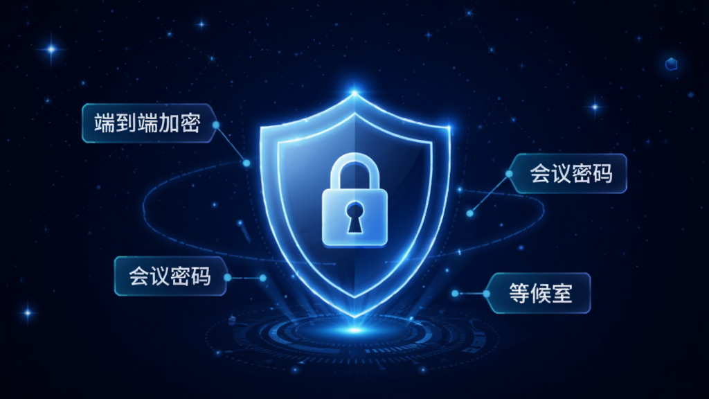 国信智会安全防护功能示意图,画面中央为一个发光的盾牌图标,盾牌内部有锁形图案,周围环绕着“端到端加密”“会议密码”“等候室”等文字标签,背景为深邃的星空蓝渐变,风格科技感十足,画质清晰,无多余元素。