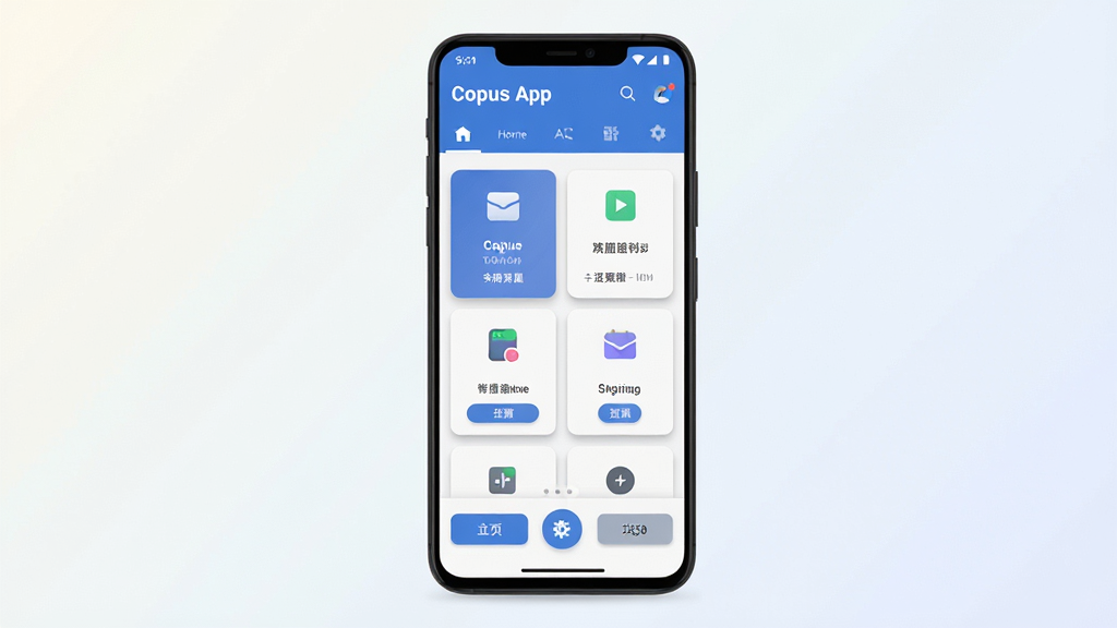 Copus App 软件主界面全景展示,主体为一部安卓手机居中放置,手机屏幕显示 Copus App 的首页布局,顶部为软件名称“Copus App”和简洁导航栏,中部为功能卡片式排列,底部为操作按钮,背景为浅色渐变,风格为现代简约科技风,细节包含图标、按钮、卡片阴影,画质清晰干净无多余元素