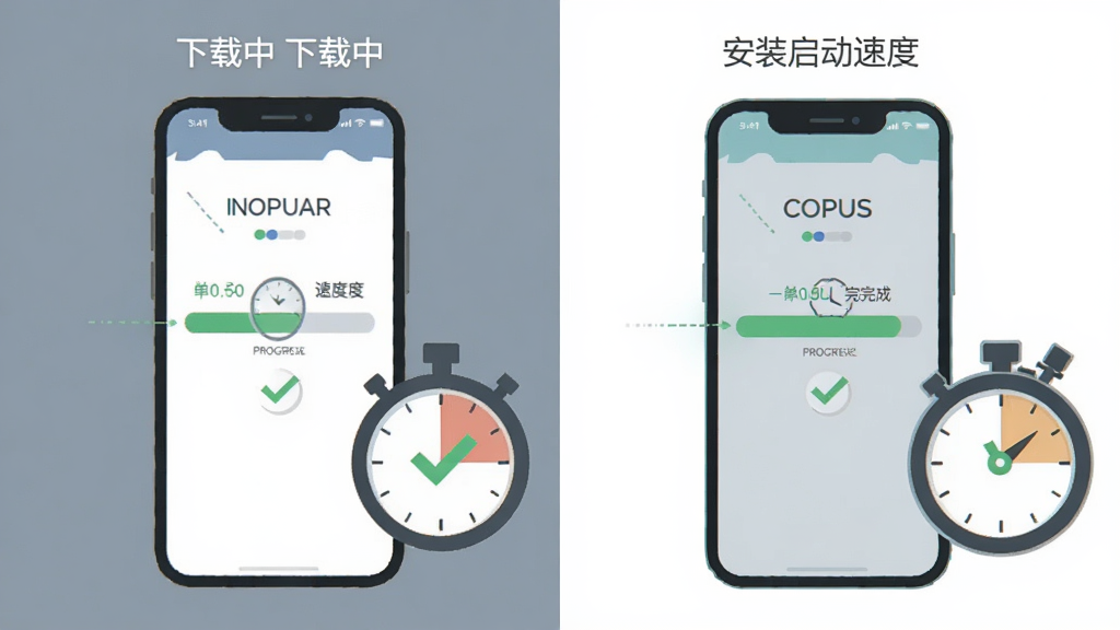 Copus App 安装启动速度对比示意图,主体为手机屏幕显示安装进度条瞬间完成,旁边有秒表图标,布局为左右对比形式,左侧显示下载中右侧显示已完成,风格为扁平化信息图,细节包含速度线、进度条、对勾图标,画质清晰干净无多余元素