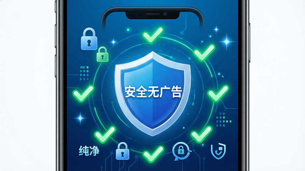 Copus App 安全防护功能展示图,主体为手机屏幕显示盾牌图标和“安全无广告”字样,布局为居中盾牌加环绕的绿色对勾,风格为安全科技风,细节包含锁形图标、数据加密符号、纯净标签,画质清晰干净无多余元素