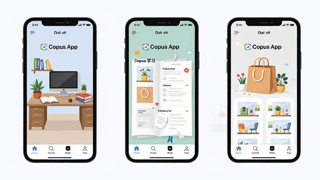 Copus App 多场景使用示意图,主体为三部分手机屏幕分别展示办公、学习、生活场景,布局为横向排列三台手机,风格为插画风,细节包含办公桌、书本、购物袋等元素,屏幕内显示 Copus App 界面“Copus App”,画质清晰干净无多余元素