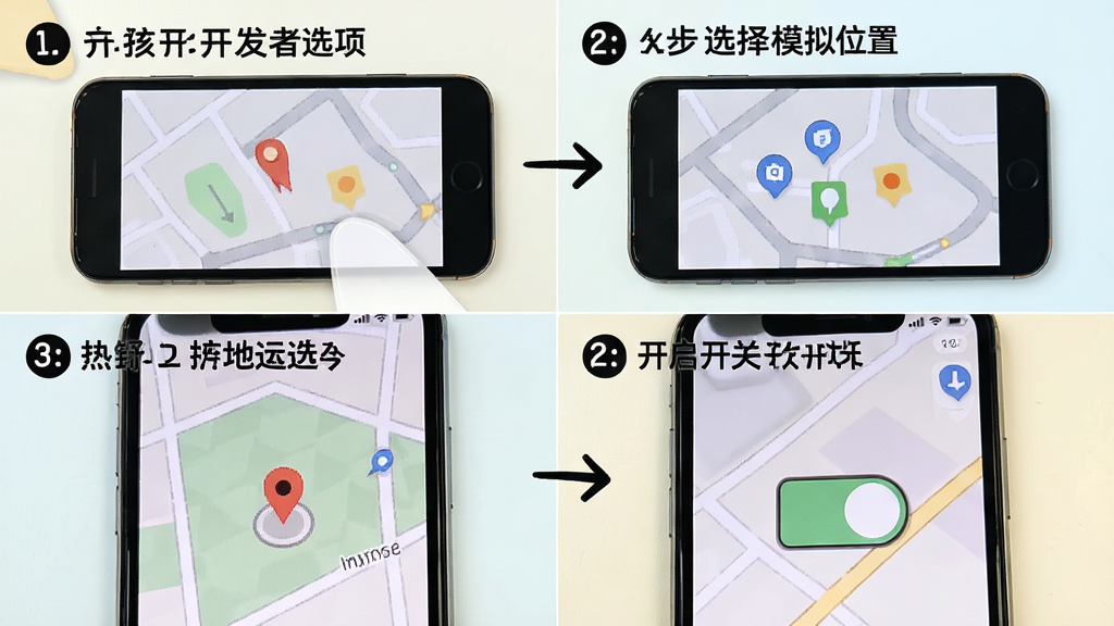 模拟位置软件新手操作流程图,主体为手机屏幕分步截图展示,布局为四格漫画式排列,排版从上到下依次展示开启开发者选项、选择模拟位置、地图选点、开启开关,风格为简约教程风与浅色背景,细节包含步骤数字、箭头指引、手机边框,画质高清干净,无多余元素