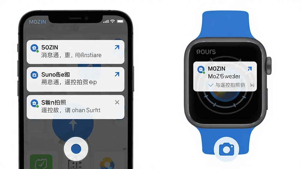 MOZIN消息通知与遥控拍照功能展示图,画面左侧为手机弹出通知列表,右侧为智能手表显示通知内容,下方有相机图标表示遥控拍照;布局为左右分栏;风格为简洁扁平插画,蓝色点缀;细节上“MOZIN”出现在手机顶部状态栏,画质清晰干净,无多余元素。