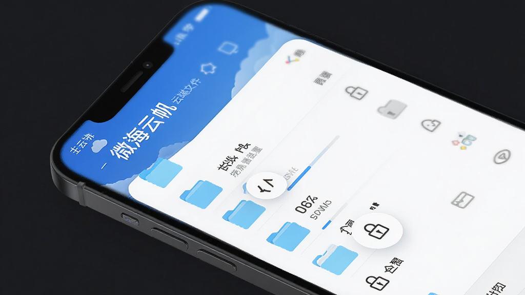 微海云帆 云端文件管理界面 主体为手机屏幕展示文件夹列表 布局上下结构 排版清晰 风格现代简约 细节包含上传进度条与权限锁图标 画质高清 干净 无多余元素