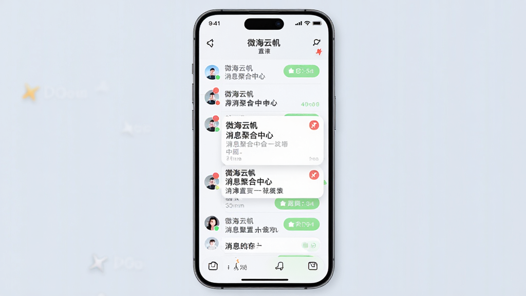 微海云帆 消息聚合中心 主体为手机聊天列表与通知卡片 布局纵向排列 排版紧凑 风格柔和浅色 细节包含头像角标与置顶图钉 画质高清 干净 无多余元素