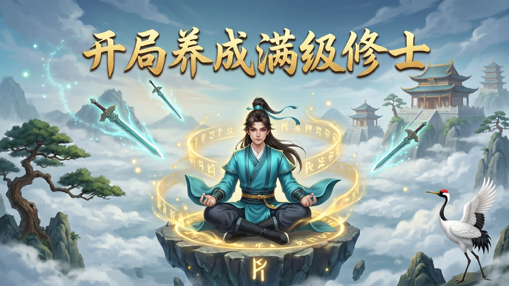 画面主体是一位身着青蓝道袍的年轻修士,盘坐于悬浮山峰的灵石之上,周身环绕金色灵气与符文光带,背景布局为层叠云海与远处仙宫楼阁,排版采用竖版手机游戏宣传图构图,人物居中偏下,上方留白处用金色毛笔字体书写“开局养成满级修士”,风格为唯美东方仙侠插画,细节包括灵气粒子、飞剑虚影、古松与仙鹤点缀,画质为高清2K,干净无多余元素