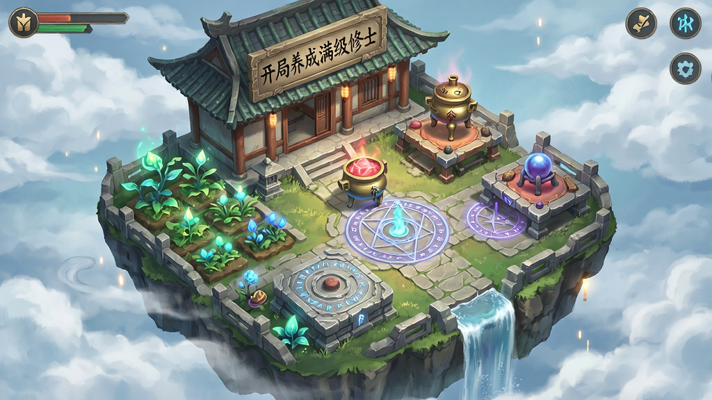 画面主体是一座悬浮于云端的仙家洞府,包含灵田、丹炉、炼器台与聚灵法阵,布局采用俯视微斜视角,排版为游戏建筑经营界面,风格为清新国风仙侠,细节包括发光灵草、飘浮丹炉、符文石台与瀑布流水,画质为高清细腻,画面中文字“开局养成满级修士”以篆体刻于洞府牌匾之上