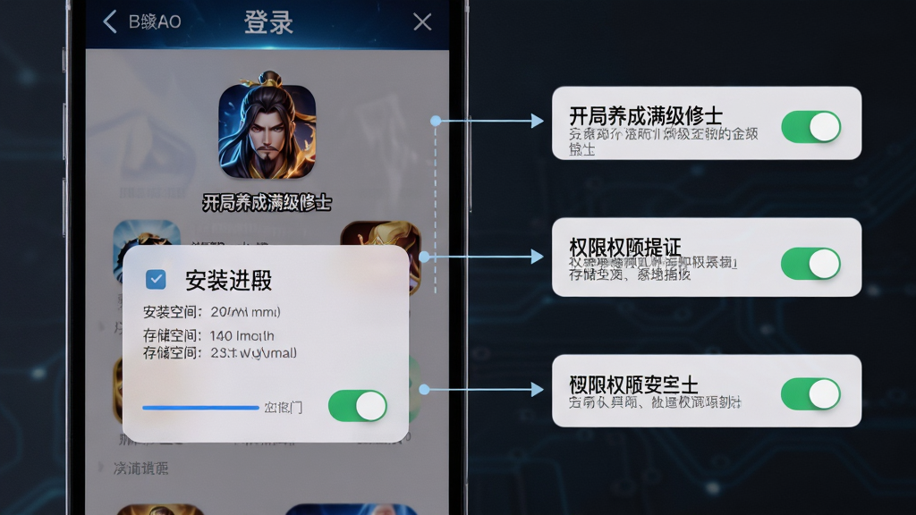 画面主体是一部智能手机屏幕显示游戏登录界面与权限请求弹窗,布局采用手机正面特写与右侧标注说明,排版为教程图解风格,风格为简洁科技感,细节包括安装进度条、存储空间提示、权限开关按钮,画质为高清干净,画面中文字“开局养成满级修士”以白色字体显示在游戏图标下方