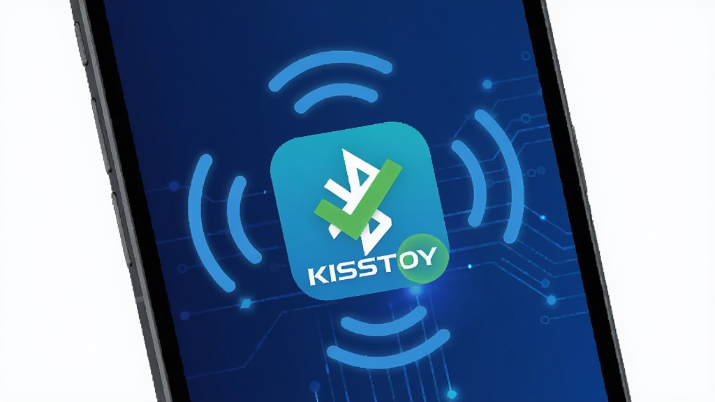 手机屏幕显示蓝牙连接成功界面,KISSTOY应用图标醒目,周围有信号波纹图标,背景为深蓝色科技感渐变,主体为手机和蓝牙符号,布局简洁居中,风格扁平化设计,细节上突出连接成功对勾标记,画质高清,干净无杂乱元素。