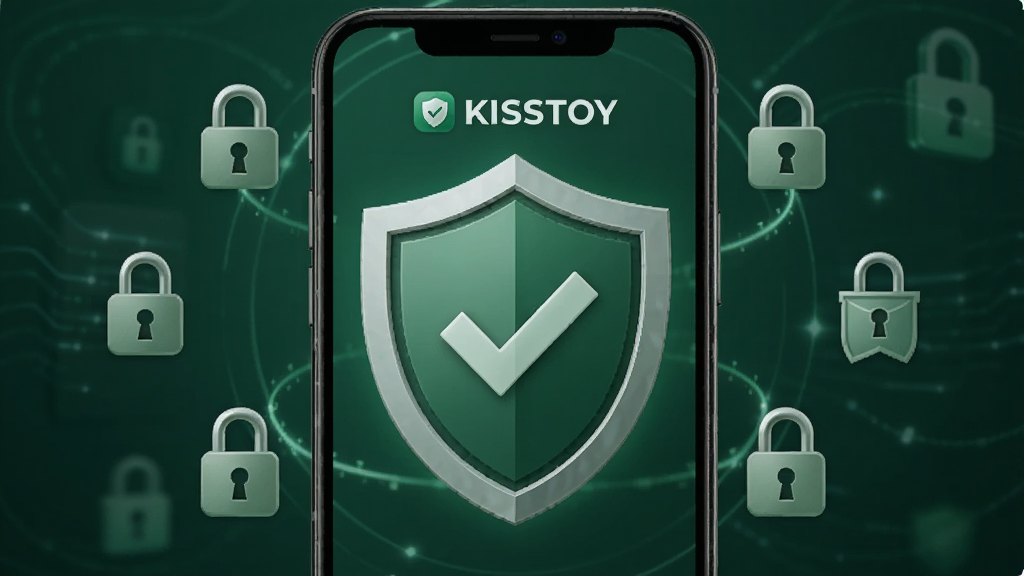 手机屏幕显示隐私安全盾牌图标,KISSTOY应用界面背景,盾牌上有对勾标记,周围有锁形图标环绕,背景为深绿色安全色调,主体为盾牌和手机,布局居中对称,风格稳重可信,细节上突出安全认证标识,画质清晰,无多余元素。