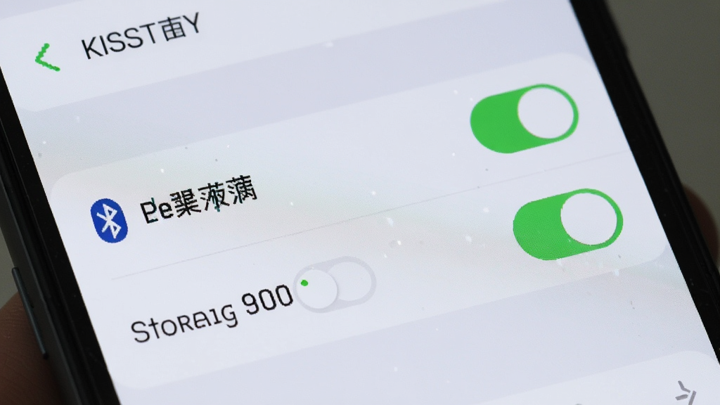 手机屏幕显示KISSTOY应用设置界面,蓝牙权限开关和存储权限开关处于开启状态,背景为浅色系统设置页面,主体为手机界面特写,布局清晰展示权限选项,风格写实,细节上突出开关按钮的绿色状态,画质高清,干净无多余元素。