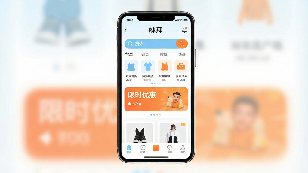 一张手机应用界面展示图,画面中央是一部竖屏智能手机,屏幕上显示“咻拜”购物助手主界面,包含搜索框、商品分类图标、限时优惠横幅和底部导航栏,整体布局简洁明快,风格为现代扁平化UI设计,配色以白色、浅蓝和橙色点缀为主,细节上商品缩略图清晰、按钮圆角柔和,画质为高清2K,画面干净无多余元素。