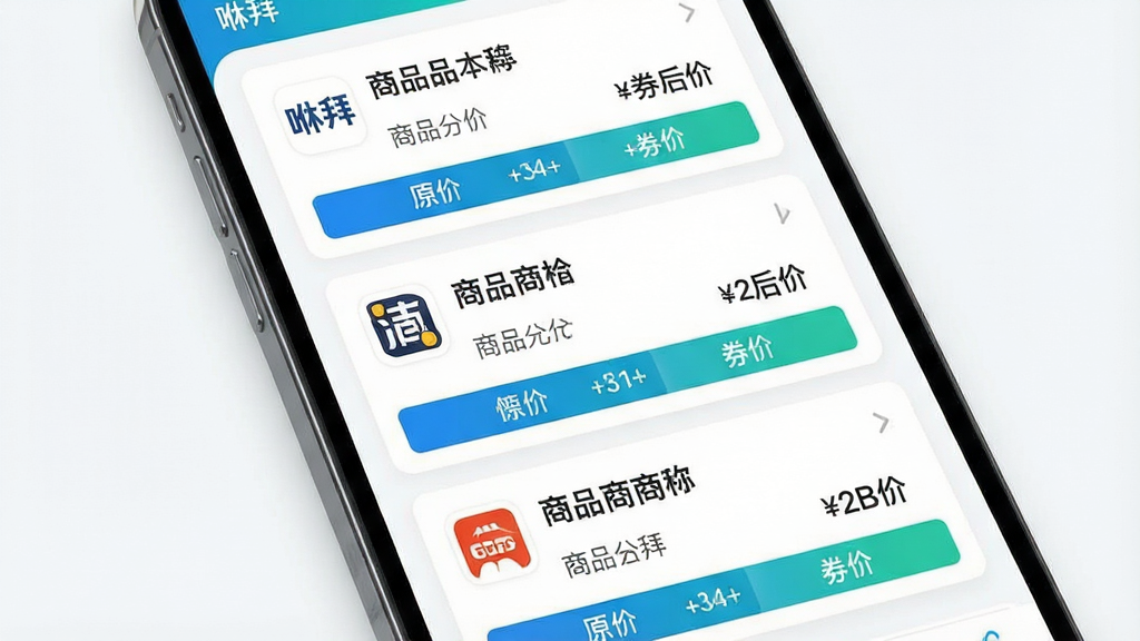 一幅展示“咻拜”多平台比价功能的界面示意图,画面主体为手机屏幕,屏幕内并排展示三个电商平台的商品价格卡片,每张卡片标注平台图标、商品名称、原价与券后价,卡片下方有对比高亮条,布局为纵向列表式,风格为清爽科技感UI,配色以白底搭配蓝绿色强调色,细节上数字清晰、图标精致,画质高清,画面干净无多余元素。