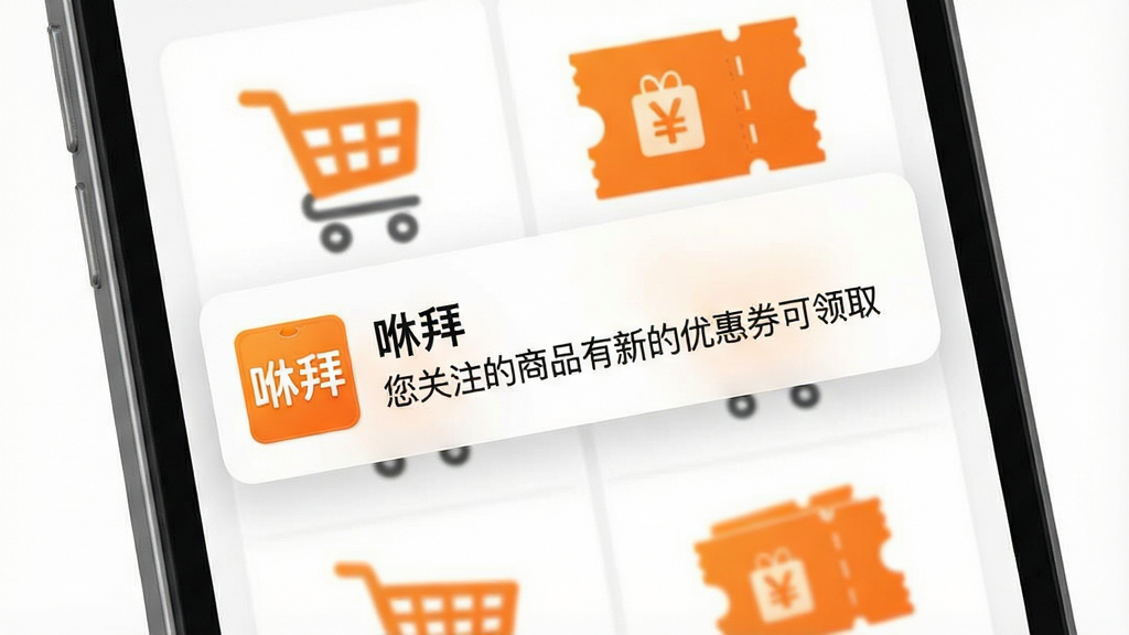 一张“咻拜”优惠券提醒功能的手机界面图,画面中手机屏幕弹出通知横幅,横幅上写有“咻拜”字样和“您关注的商品有新的优惠券可领取”提示,背景为购物车与优惠券图标组合,布局为通知栏特写视角,风格为写实UI风格,配色以白色和橙色为主,细节上通知图标清晰、文字可读,画质高清,画面干净无多余元素。